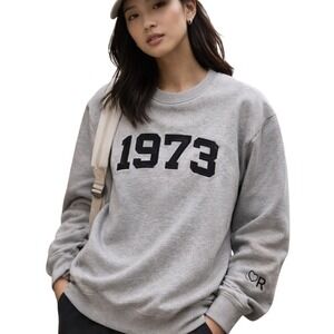1973 Embroidered Crewneck Sweatshirt Gray Varsity Graphic Casual Unisex